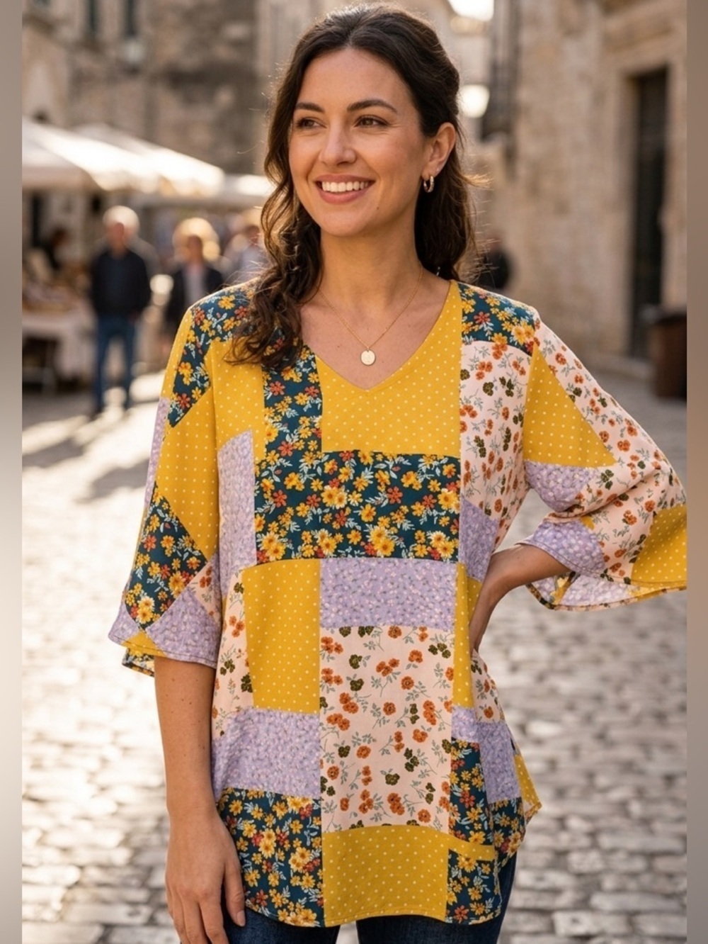 ANDREE BY UNIT | Colorful Patchwork V-Neck Blouse with Bell Sleeves | Sz L